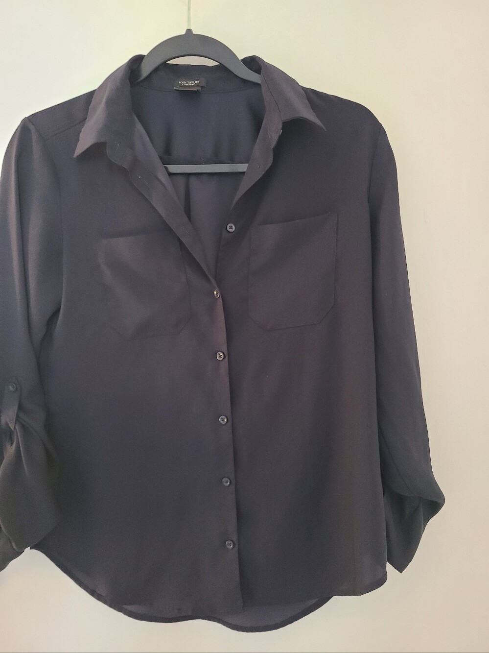 Ann Taylor Factory Navy Blue Button Down Blouse Top - Women's XS Roll-Tab Sleeve